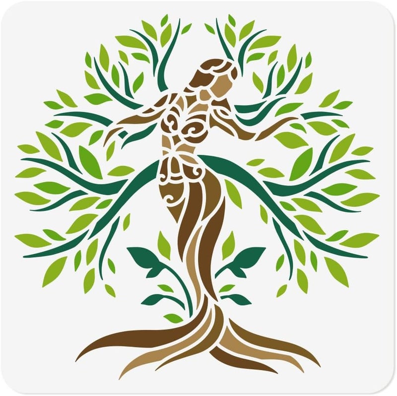 DOODLREAM 11.8"x11.8" Tree of Life Wall Stencil Templates, Mandala Woman Tree Reusable Plastic Stencils for Painting on Wood Floor Tile Fabric Glass Furniture DIY Home Decor Template - Image 1